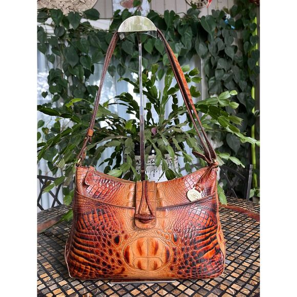 Brahmin Isabelle Toasted Almond Croc Embossed Leather Shoulder Bag - Picture 1 of 12